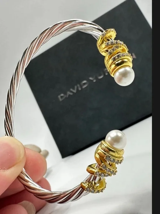 David Yurman Silver Cable Bracelet with Gold Accents and Pearl - Picture 2 of 4